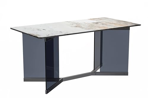 LeisureMod Modern Rectangular Table with Glass/Sintered Stone Top and Stainless Steel Base, 4 to 8 People for Dining Room and Kitchen Oryn Series