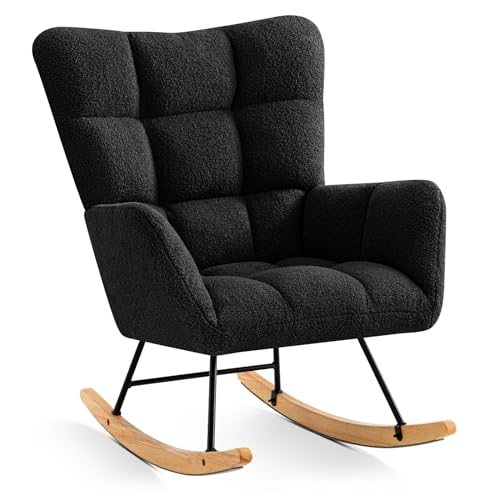 Furniliving Rocking Chair, Faux Fur Upholstered Glider Rocker, Padded Cushioned Seat Rocking Accent Chair with High Backrest