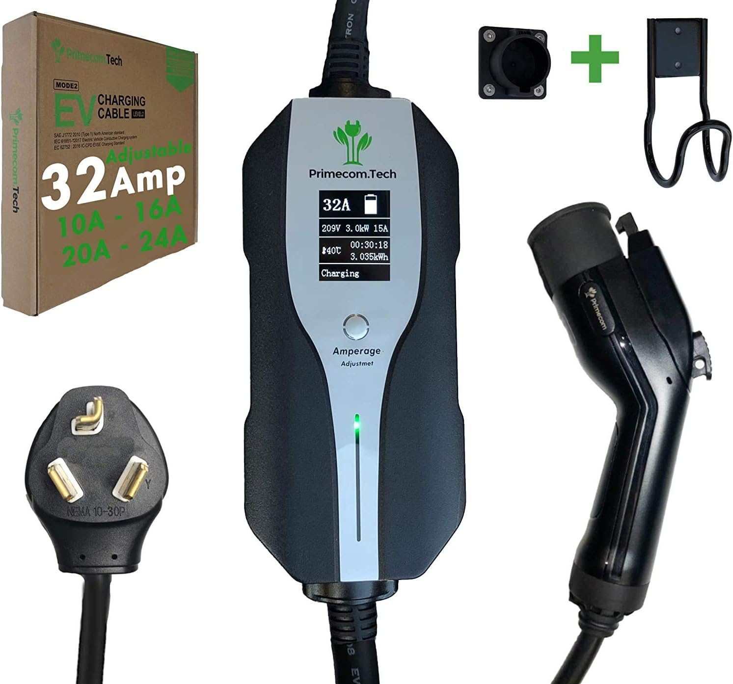 PRIMECOM.TECH Level 2 Electric Vehicle (EV) Charger Amperage Adjustable (10Amp - 16Amp - 20Amp - 24Amp - 32Amp) 30Ft Cable EVSE Plug-in Hybrid (30 FT