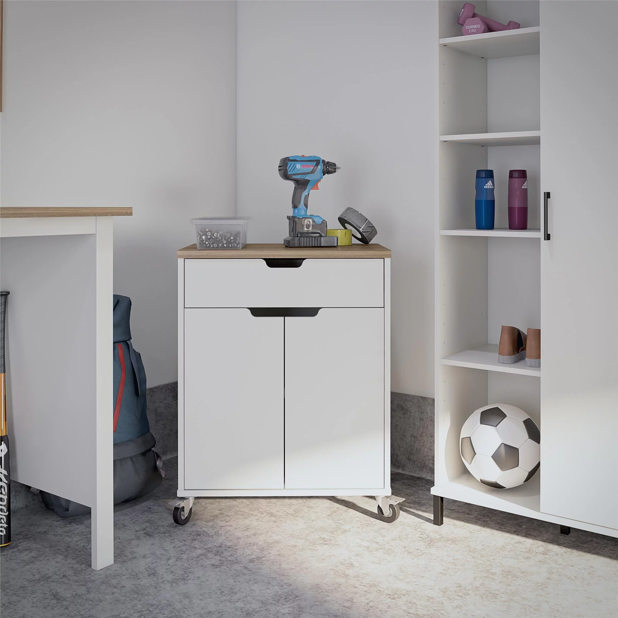 Versa 2 Door/1 Drawer Storage Cart with Locking Casters , White and Weathered Oak