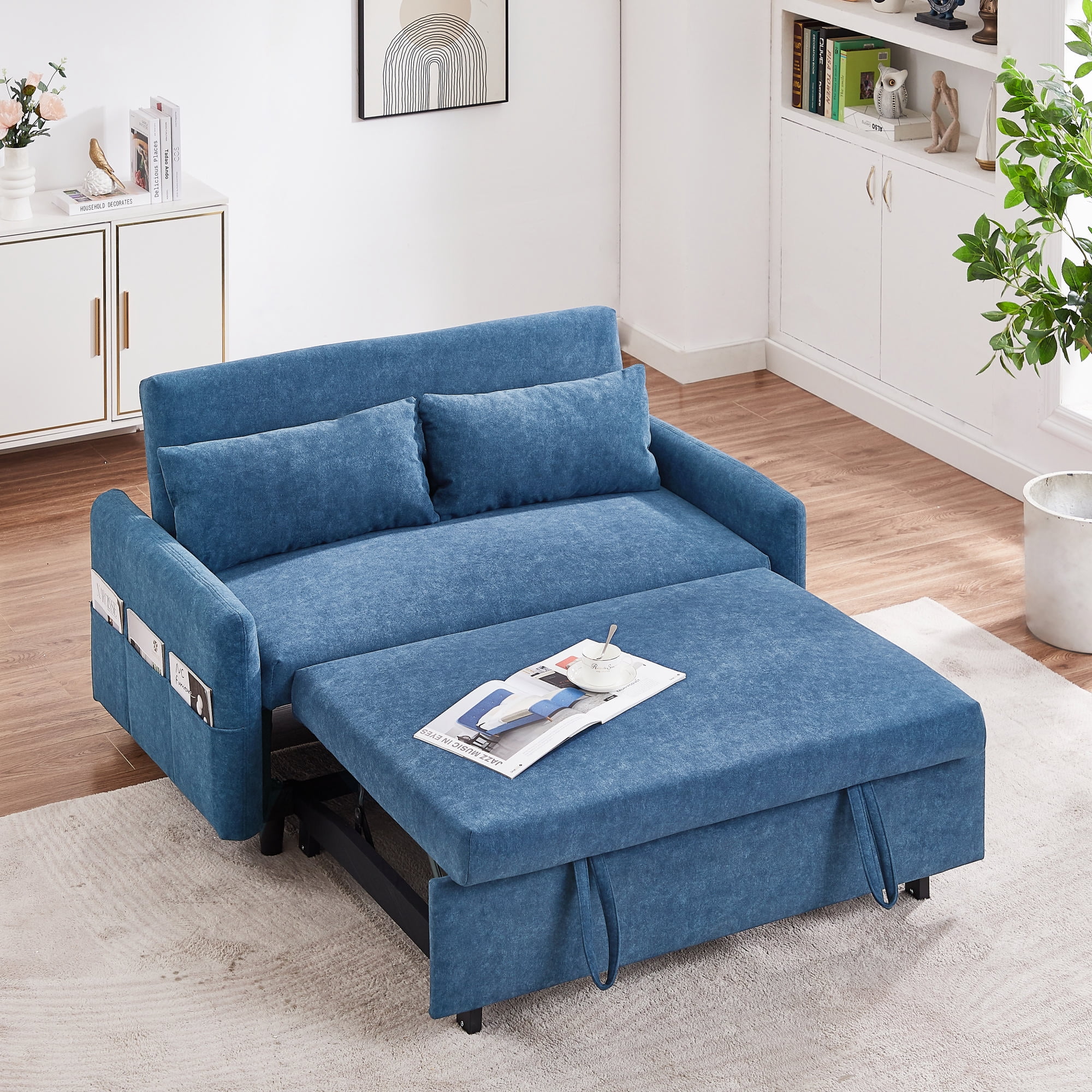 Churanty 55.1" Pull Out Sleep Sofa Bed Loveseats Sofa Couch with Adjsutable Backrest, Storage Pockets, 2 Soft Pillows for Living Room, Bedroom