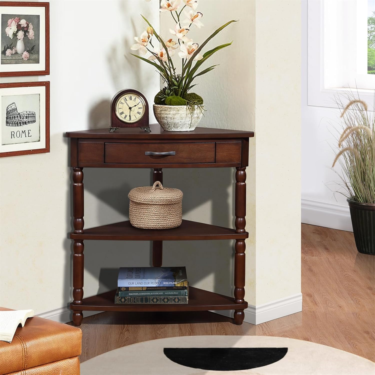 Classical Triangle Corner Table, Wood Corner Side Table with 1 Storage Drawer, 3 Tier End Corner Table with Solid Wood Legs for Small Spaces