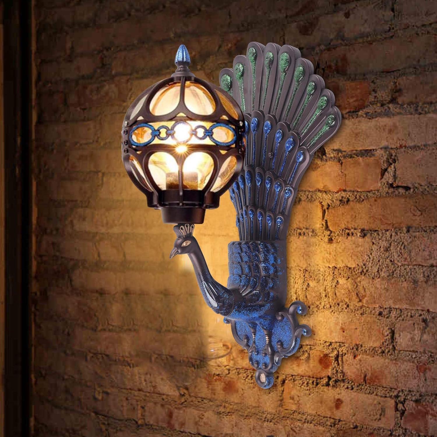 Peacock Wall Light Sconces, Metal and Glass Stained Wall Lamp Lighting LED Antique Wall Mounted Lamp