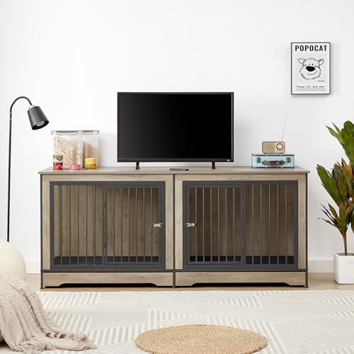 Rovibek 86" Stackable Dog Kennel Furniture with Removable Divider & 3 Doors, Double Dog Crates Furniture for 2 Dogs, Corner Dog Crate Furniture