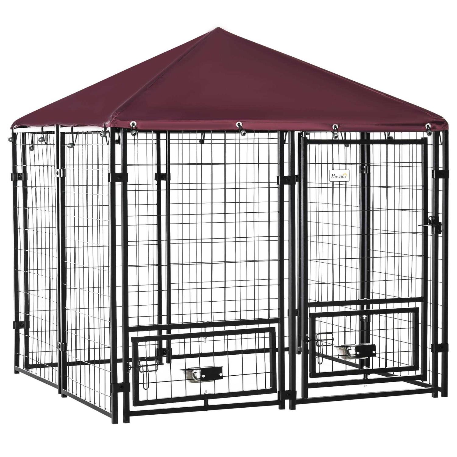 PawHut Indoor/Outdoor Metal Dog Kennel, Dog House with Lock, Weather Resistant Canopy and 2 Bowl Holders and Bowls - Pet Supplies online store