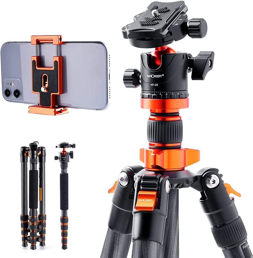 K&F Concept 68" Carbon Fiber Camera Tripod,Compact Tripods with Metal Ball Head,Quick Release Plate
