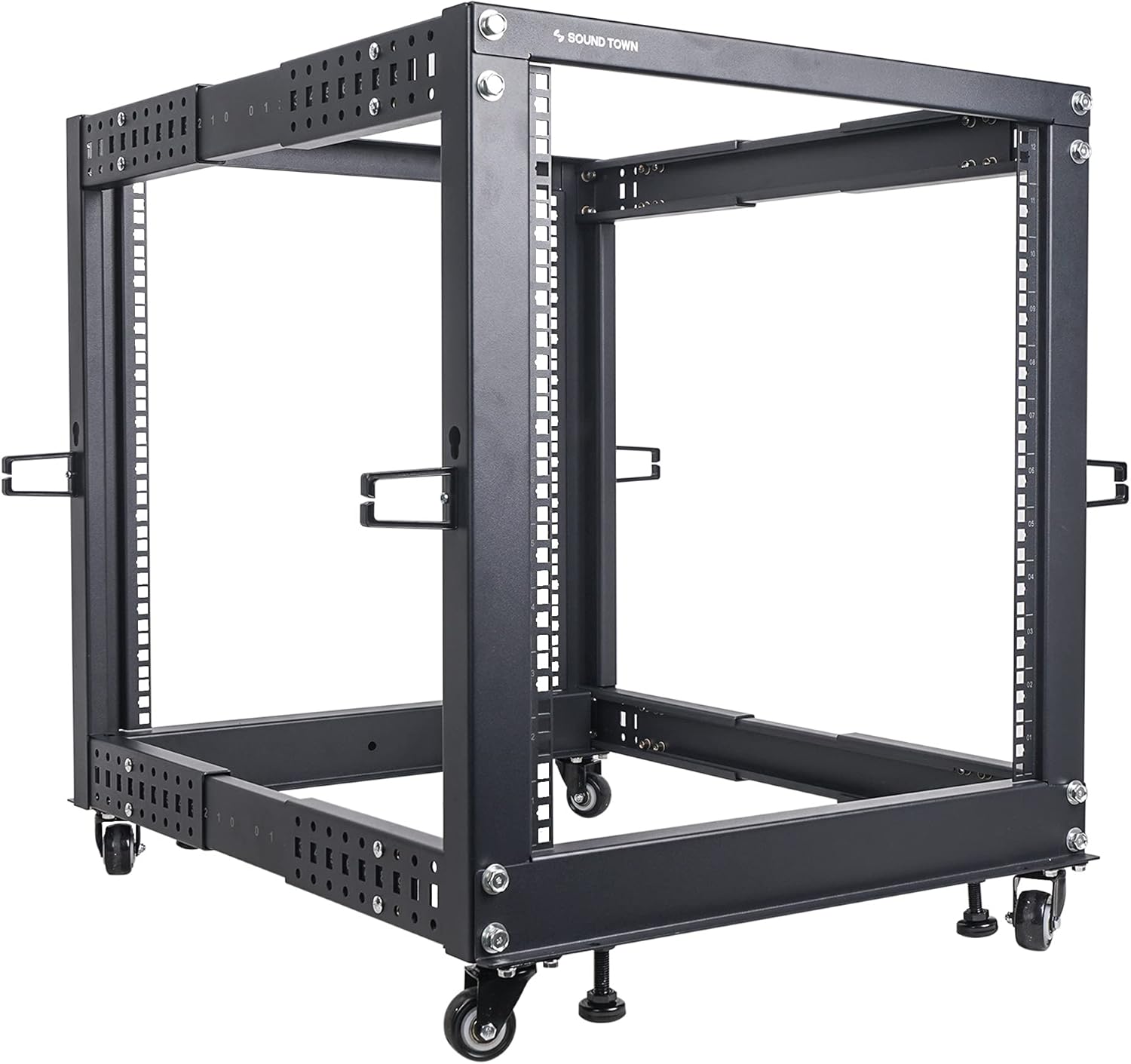 Sound Town 4-Post 12U Open Frame Sever and Network Equipment Rack with Adjustable Depth 22-40, Casters, Levelers, Cable Management (ST4POF-A12U)