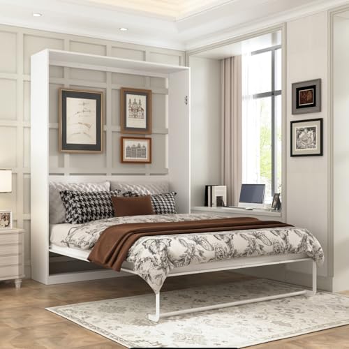 Queen Size Murphy Wall Bed, Modern Space-Saving Murphy Bed Cabinet Foldable Platform Bedframe for Guest Room Home Office