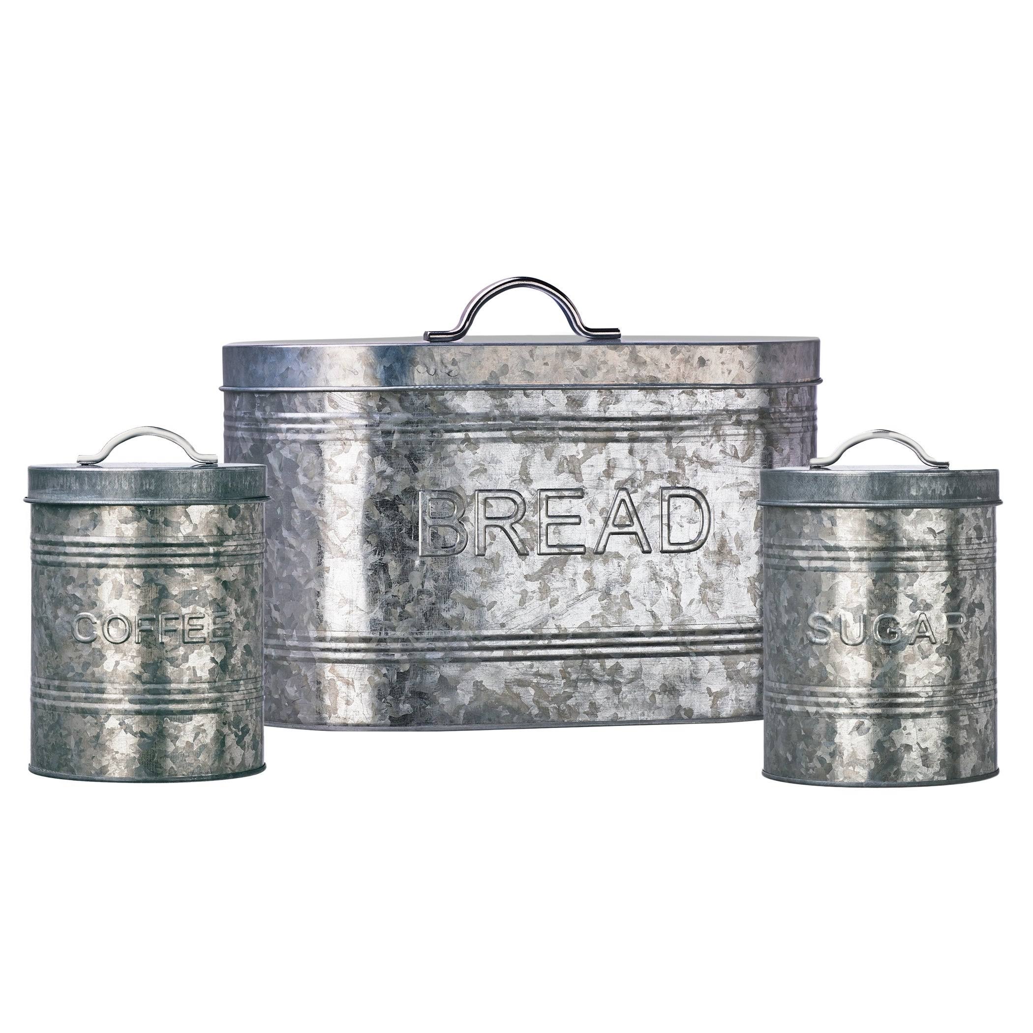 Rustic Kitchen Galvanized Metal Storage Canisters, Assorted Set of 3 (Coffee, Sugar, Bread)