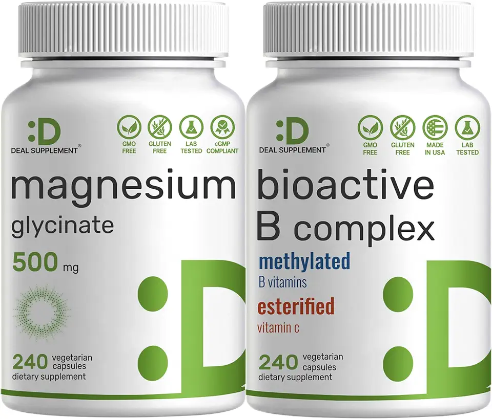 Magnesium Glycinate 500mg Veggie Capsules & Bioactive Vitamin B Complex Bundle Pack – Easily Absorbed Chelated Mineral – Immune, Energy