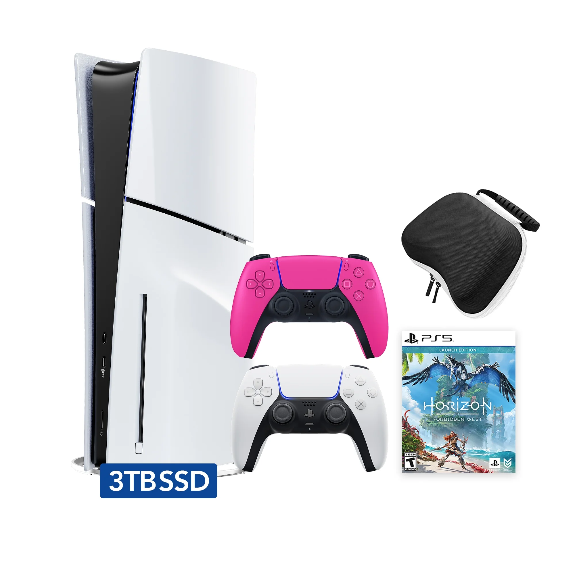 PlayStation 5 Slim Disc 3TB SSD Edition Horizon Forbidden West Bundle with Two Controllers White and Nova Pink DualSense and Mytrix Hard Shell