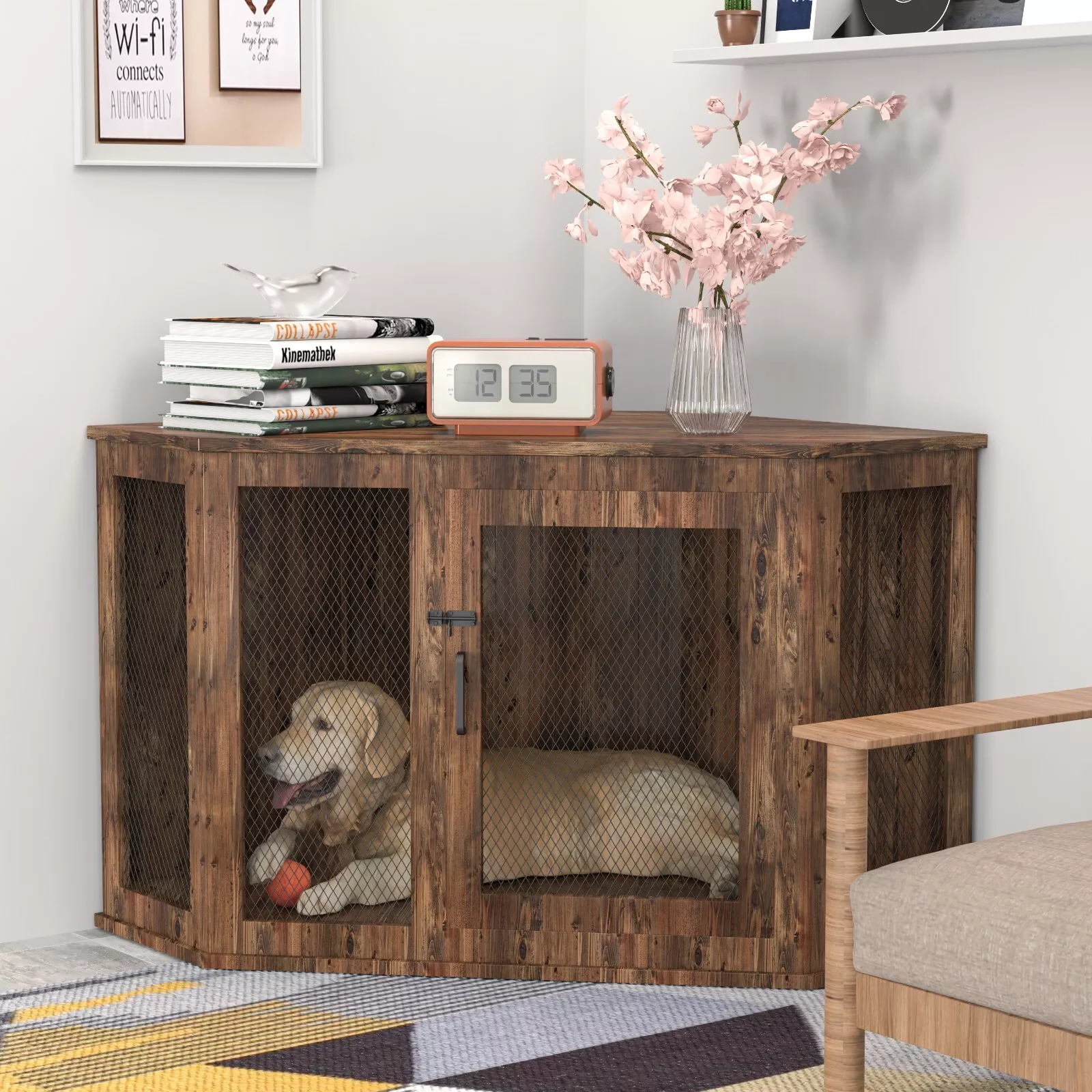 KPIBEST Corner Dog Crate Furniture, Dog Kennel Furniture with Metal Mesh, Wooden Dog Crate End Table, Small Medium Dogs, Brown