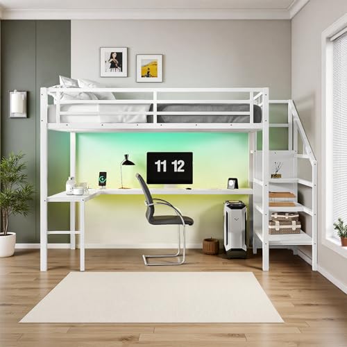 Queen Size Metal Loft Bed with L Shaped Desk and Wardrobe, Heavy Duty Loft Bed Frame with Storage Stairs, High Loft Bed Frame with LED