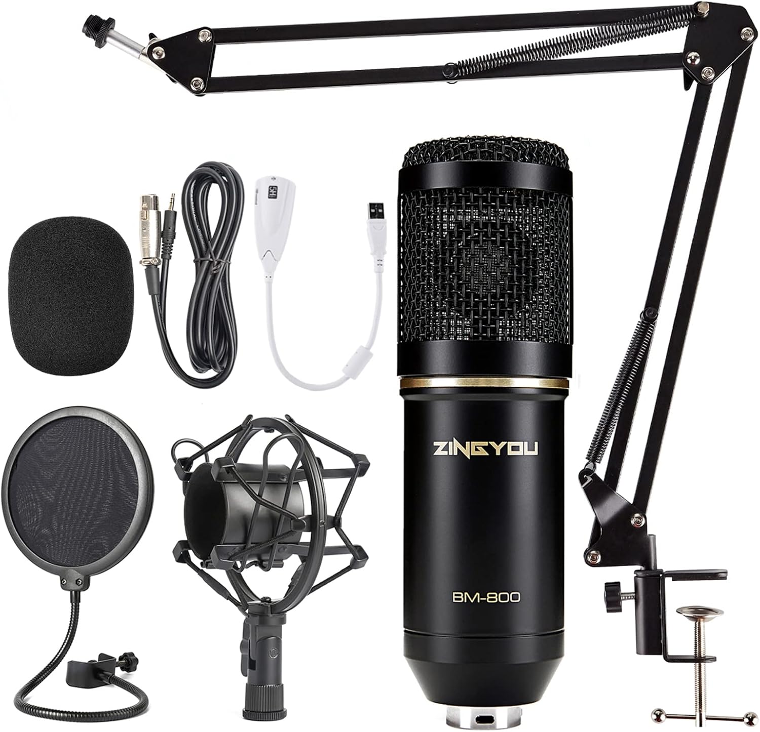 ZINGYOU Condenser Microphone Bundle, BM-800 Mic Kit with Adjustable Mic Suspension Scissor Arm