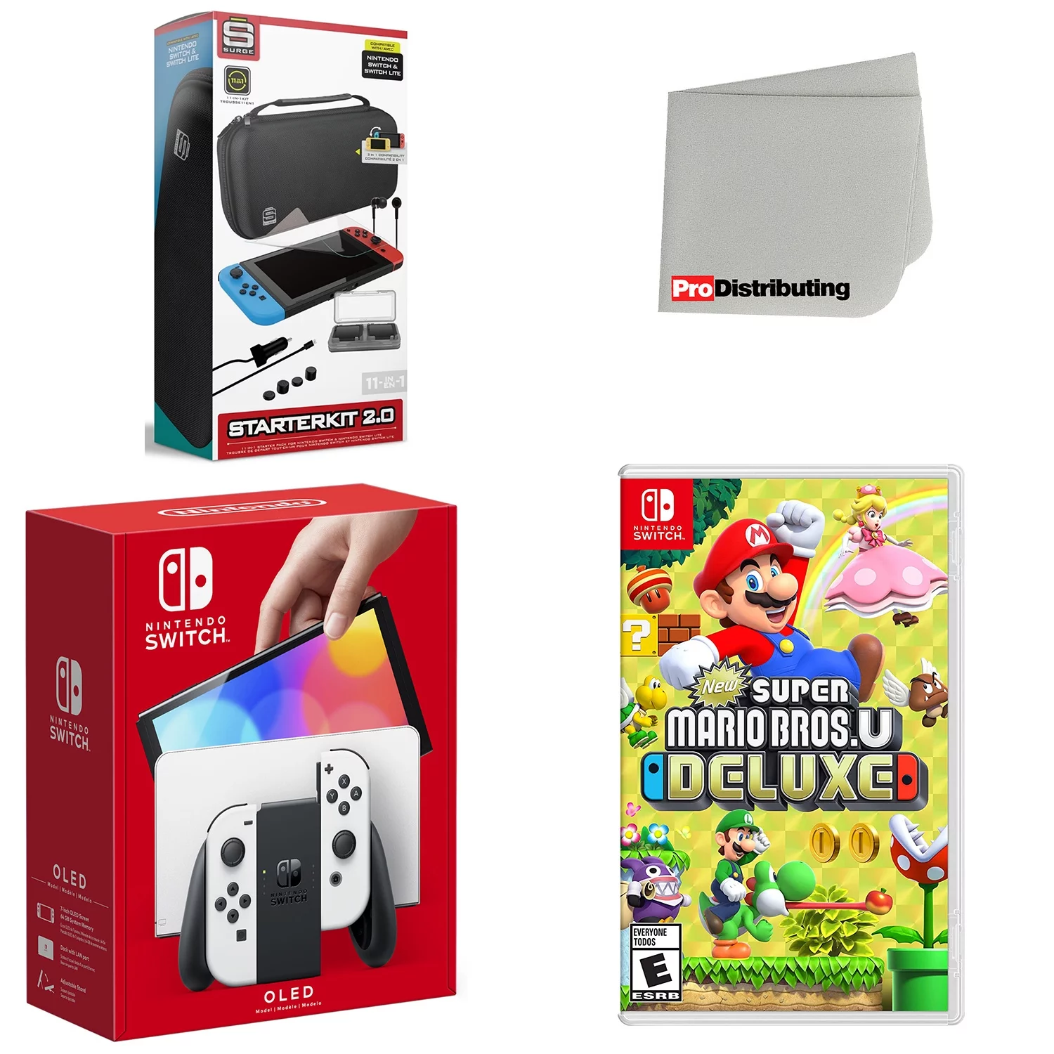 Nintendo Switch OLED Console White with New Super Mario Bros. U Deluxe, Accessory Starter Kit and Screen Cleaning Cloth Bundle