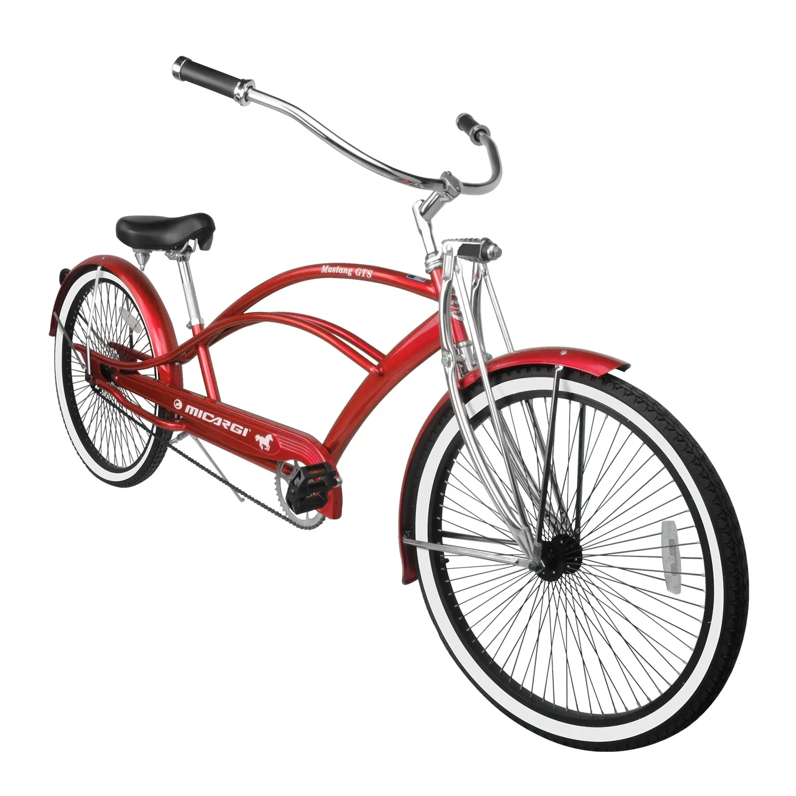 Micargi MUSTANG GTS 26" Stretch Cruiser Coaster Brake Single Speed Black Spokes One Piece Crank Springer Fork with Moon-Type Handlebar Alloy Matte
