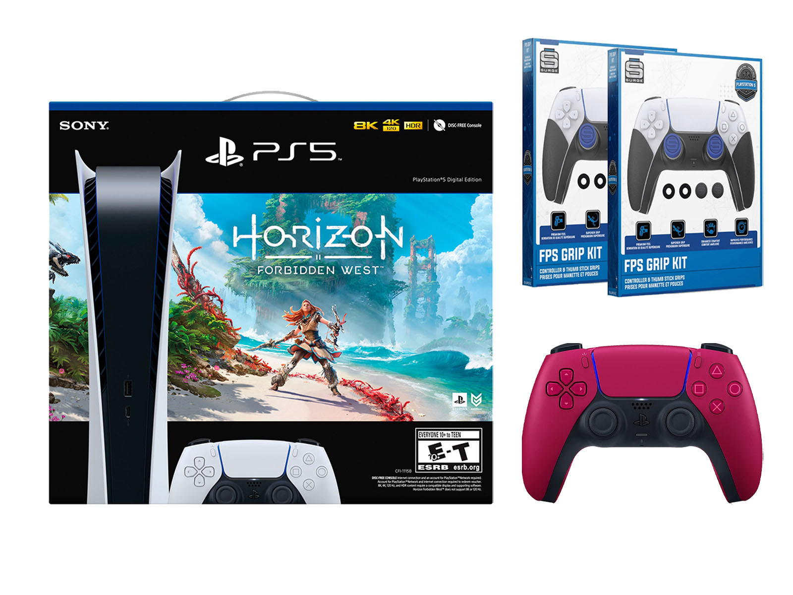 Sony Playstation 5 Digital Horizon Forbidden West Bundle with Extra Red Controller with 2 Pack Surge FPS Grip Kit with Precision Aiming Rings