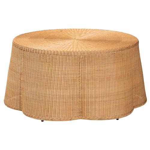 bali & pari Palm Scalloped Rattan Coffee Table - Handwoven Wicker Round Accent Table for Living Room Patio or Sunroom, Coastal Boho Style, White