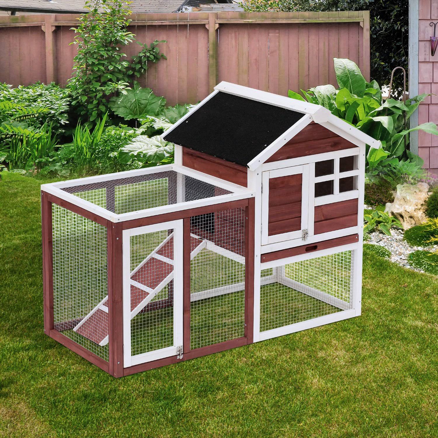 PawHut 48 Wooden Rabbit Hutch Bunny Cage Pet House w/Ladder and Outdoor Run