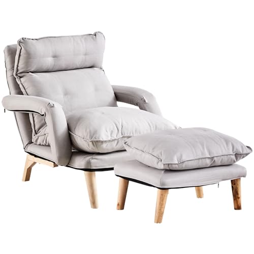 Linen Accent Chair with Ottoman, Adjustable Lounge Chair with Footstool and Soft Cushion, Leisure Sofa Armchair with Wooden Legs