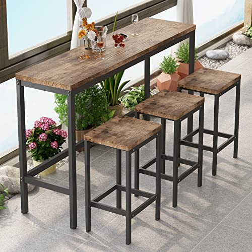 Danxee 4 Piece Iron Kitchen Breakfast Nook Counter Height Dining Table Set with 3 Wood Stools, Compact Kitchen Table for Kitchen, Dining Room