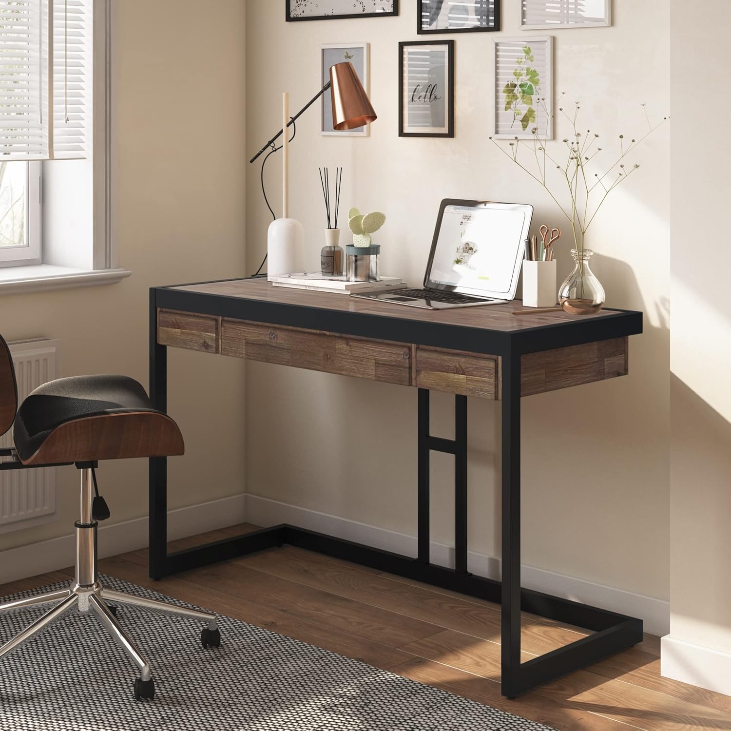 Solid Acacia Wood Modern Industrial 48 Inch Wide Small Desk in Rustic Natural Aged Brown Contemporary Urban Rectangular Metal Wood Stained