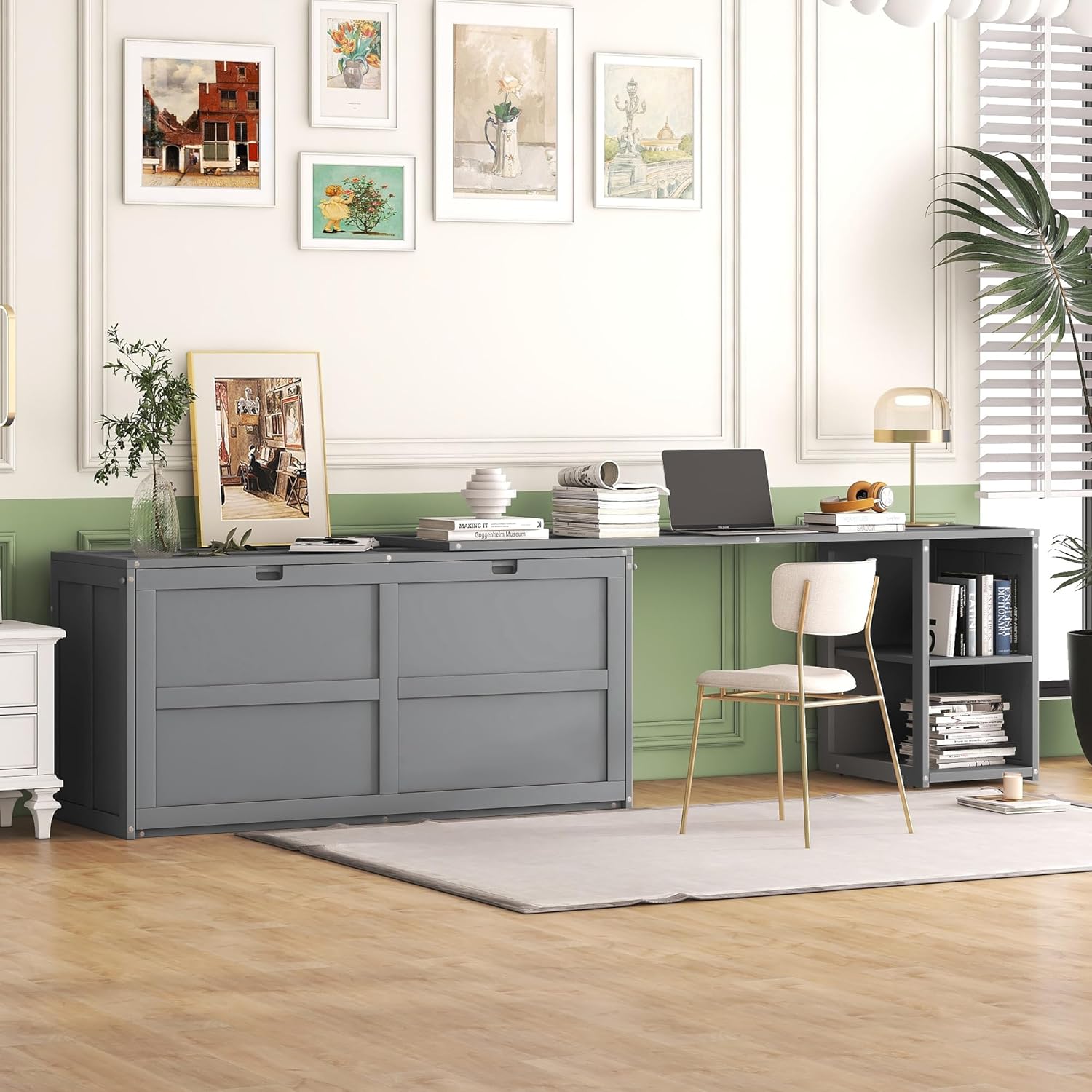 Merax Murphy Bed Queen Size, Murphy Cabinet Bed with Rotatable Desk and Shelves, Gray