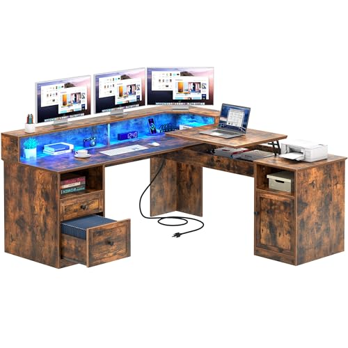 YITAHOME L Shaped Desk with Power Outlets & LED Lights, 60” Computer Desk with Drawers & Lift Top, Home Office Desk with Monitor Stand