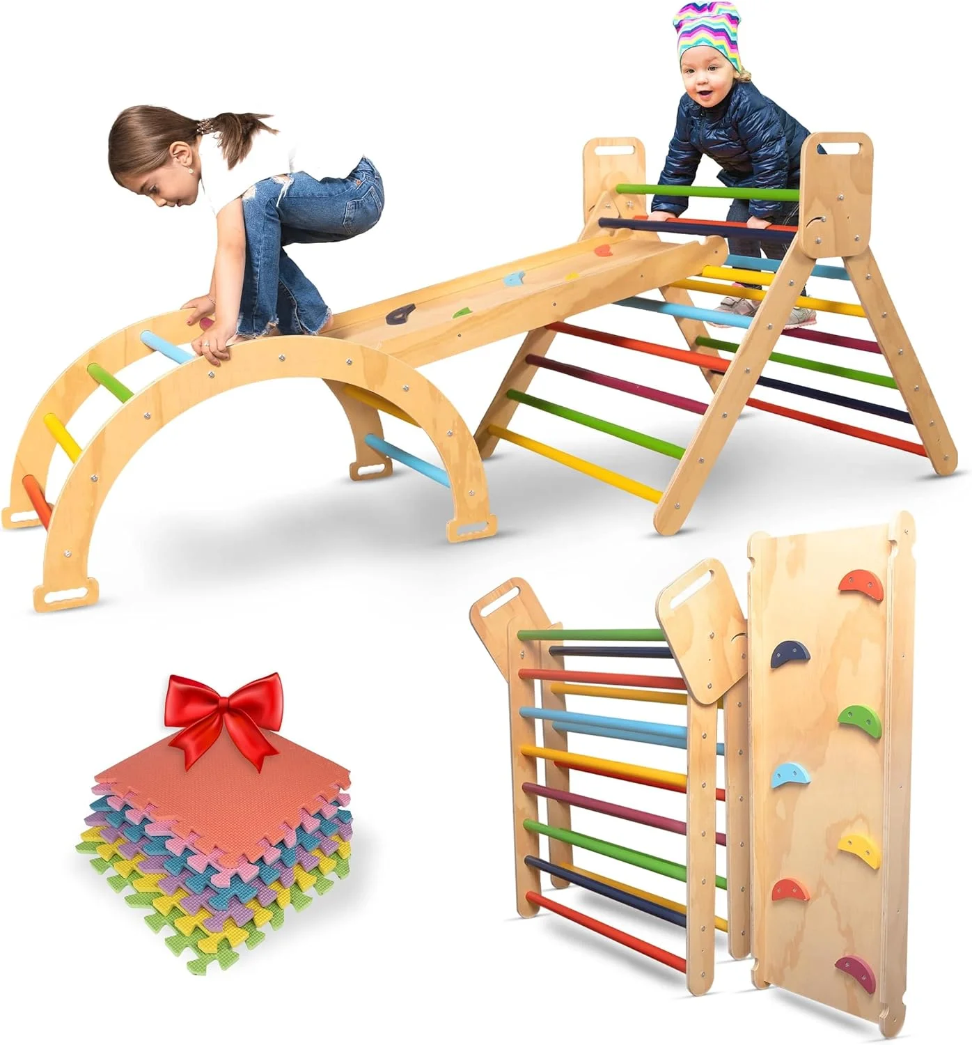 Pikler Triangle Set Large 5-1 with Colorful Foam Play Mats for Kids