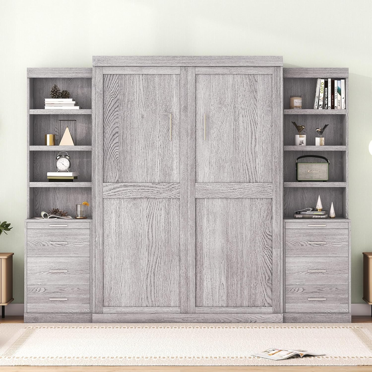 Harper & Bright Designs Full Size Murphy Bed, Wood Full Murphy Bed with Storage Shelves and Drawers, Gray