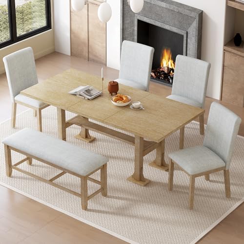 Farmhouse Kitchen Table Set with 1 Upholstered Bench and 4 Dining Chairs, 6-Piece Wood Dining Table Set for Kitchen, Dining Room, Dinette