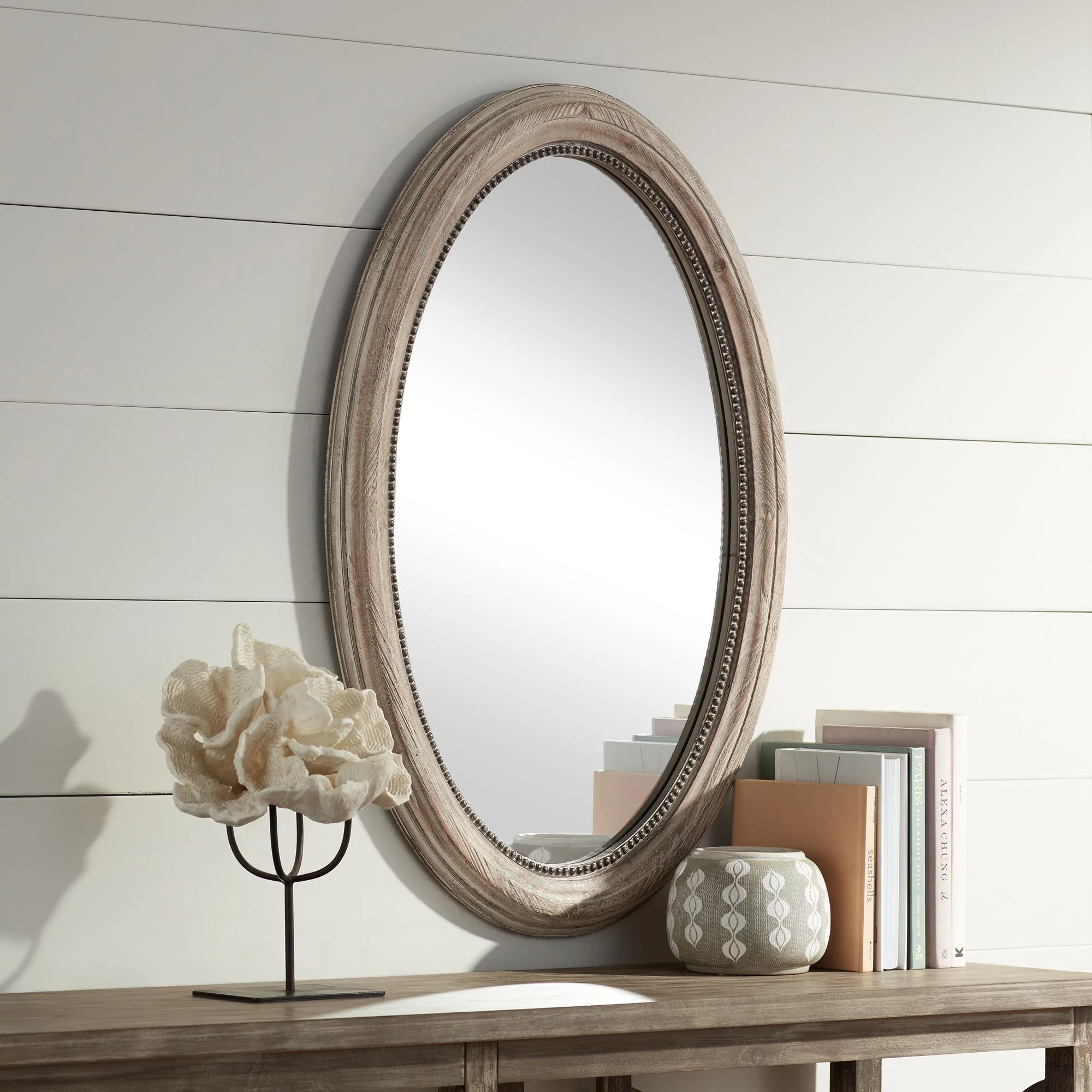 Noble Park Zahra Oval Vanity Decorative Wall Mirror Rustic Farmhouse Beaded Trim Natural Wood Frame 23 1/2" Wide for Bathroom Bedroom Living Room Home