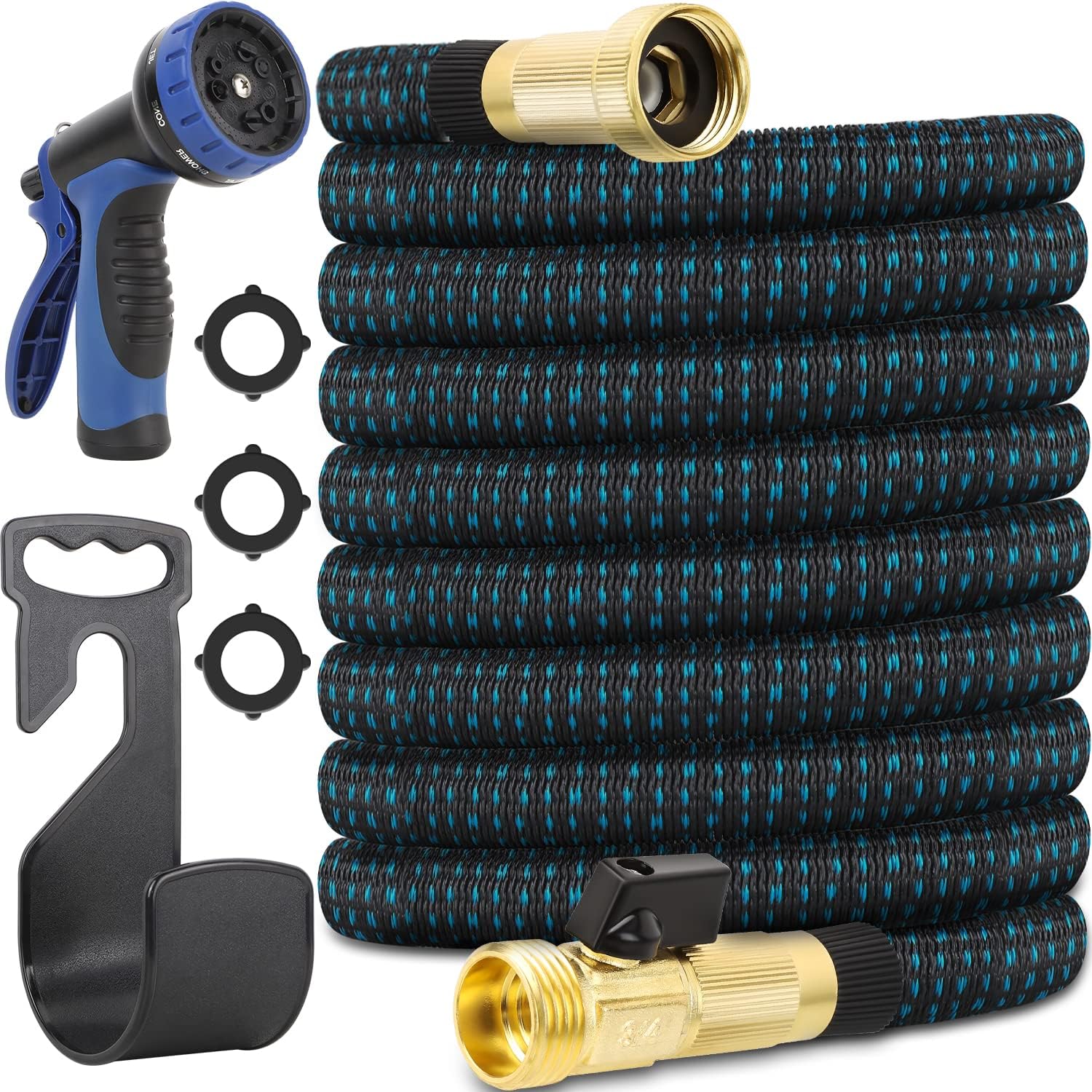 200 ft Flexible Expandable Garden Hose - 4 Layers Latex Core with 3/4 Inch Solid Brass Fittings and 10 Function Spray Nozzle