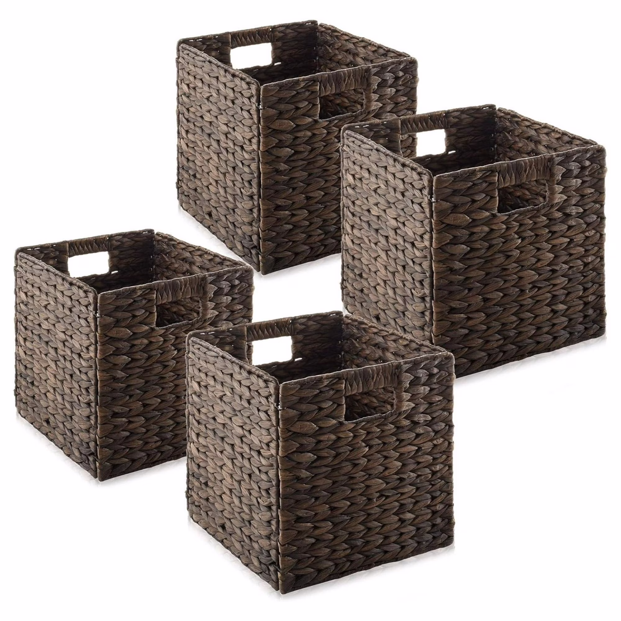 10.5x 10.5Water Hyacinth Storage Baskets, Espresso - Set of 4 Collapsible Cube Organizers, Woven Bins for Bathroom, Bedroom, Laundry, Pantry