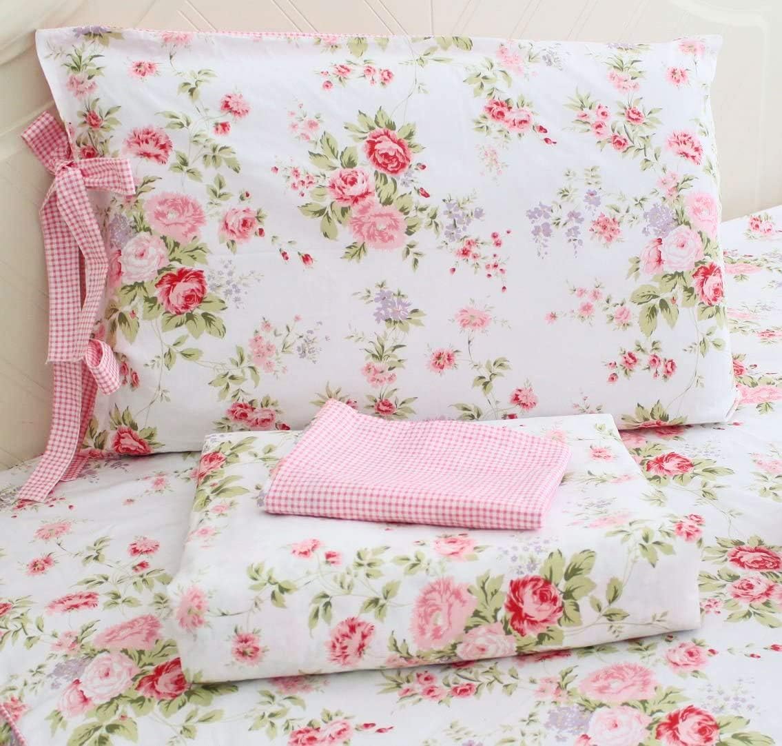 Usning Floral Sheet Set, Soft 100% Cotton Shabby Pink Rose Print Bed Sheet Set with Deep Pocket Fitted Sheet, Flat Sheet and Pillowcases