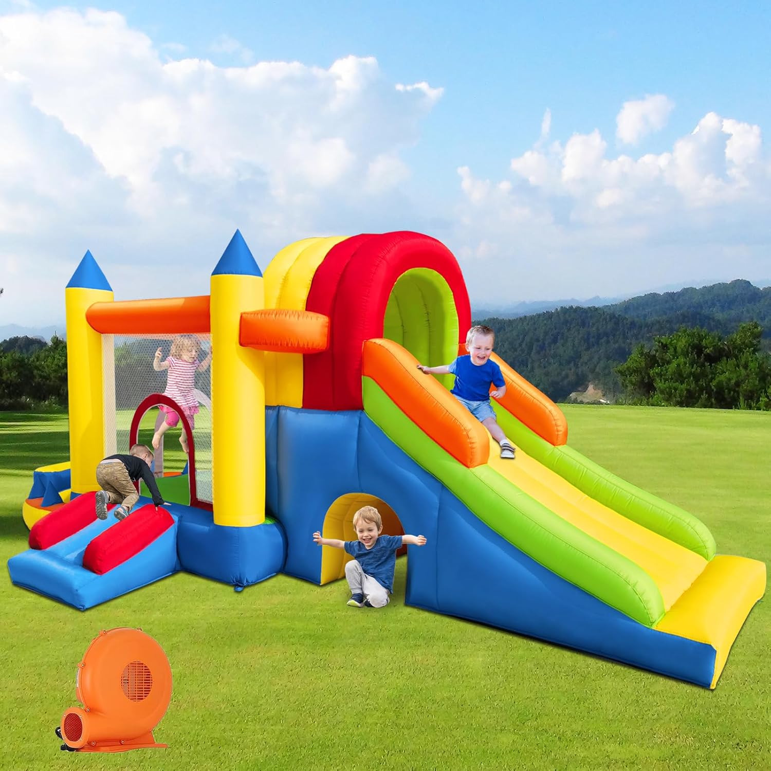 Inflatable Bounce House, 8 in 1 Large Bounce Castle with Blower for Kids and Toddlers, Outdoor Indoor Backyard Inflatable Bouncers with Two Slides