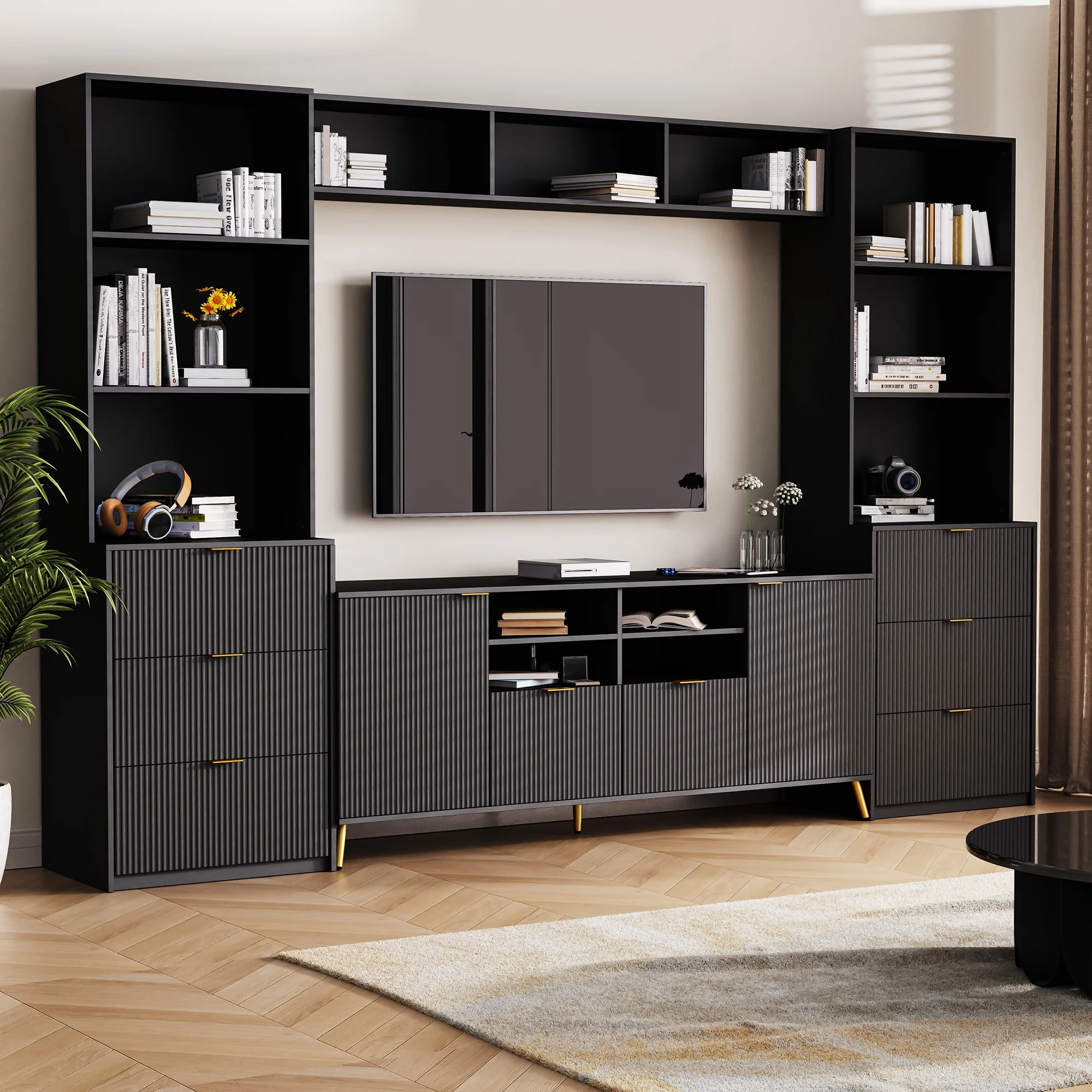Churanty Entertainment Wall Unit with Bridge, Fluted Line Surface Modern TV Console Table for TVs Up to 70", Multifunctional TV Stand with 13 Shelves