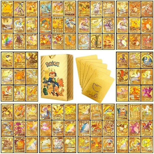 Ultra Rare 110 PCS Gold Cards Packs DX Rare,V Series,Vmax,EX and GX Golden Cards, TCG Deck Box Gold Foil Card for Kids Birthday Party Favors Gifts