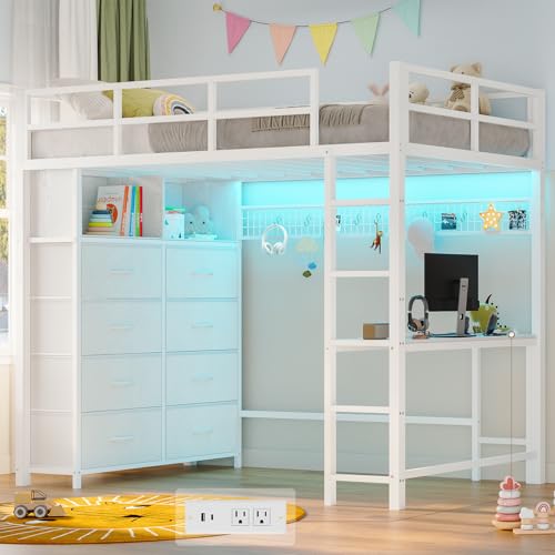 ADORNEVE Twin Size Loft Bed with Desk and 8 Storage Drawers, Metal Kids Loft Bed Twin with LED Lights & Charging Sation, Storage Shelves