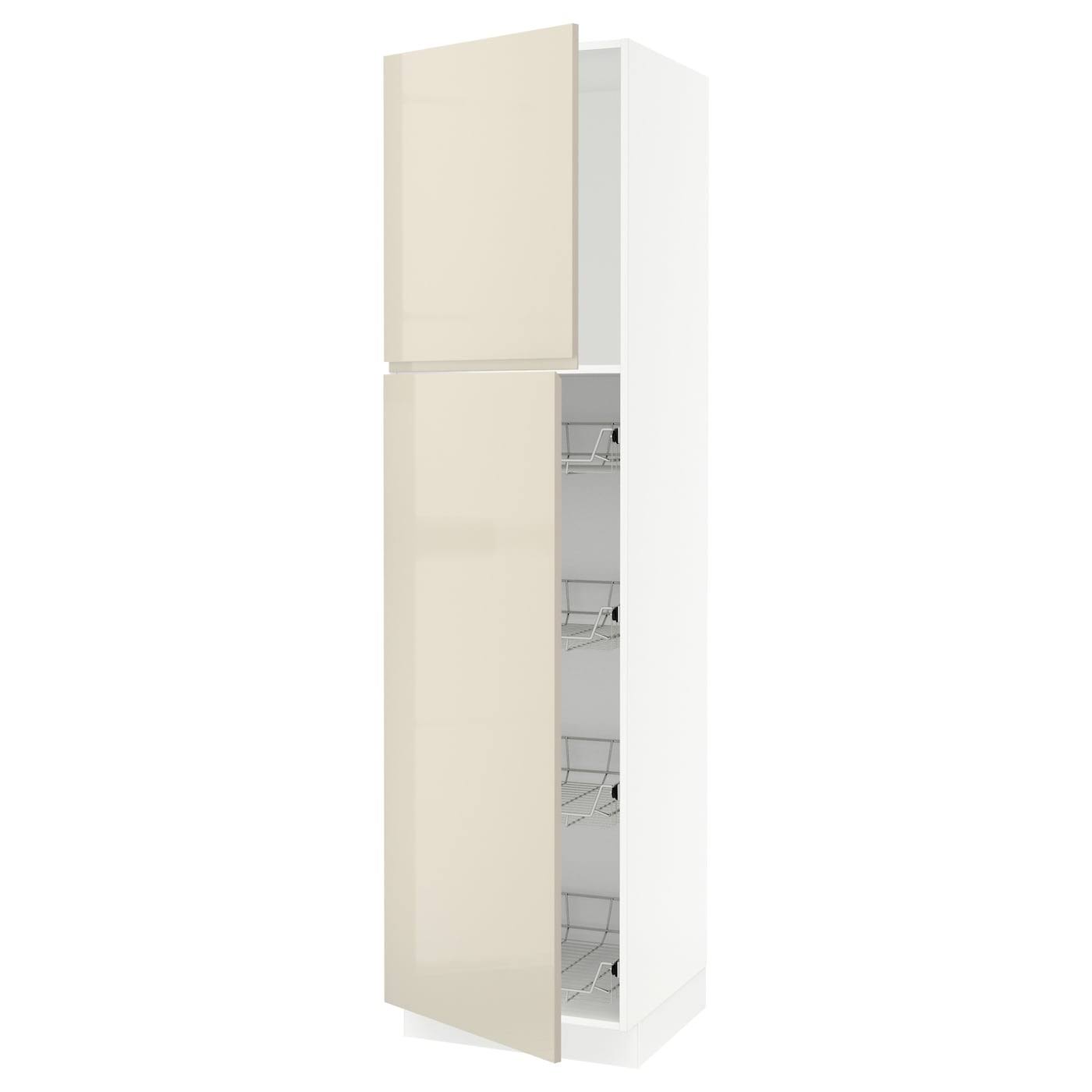 IKEA - SEKTION High Cabinet W door/wire Baskets, white/Voxtorp High-Gloss Light Beige, 24x24x90 99377386