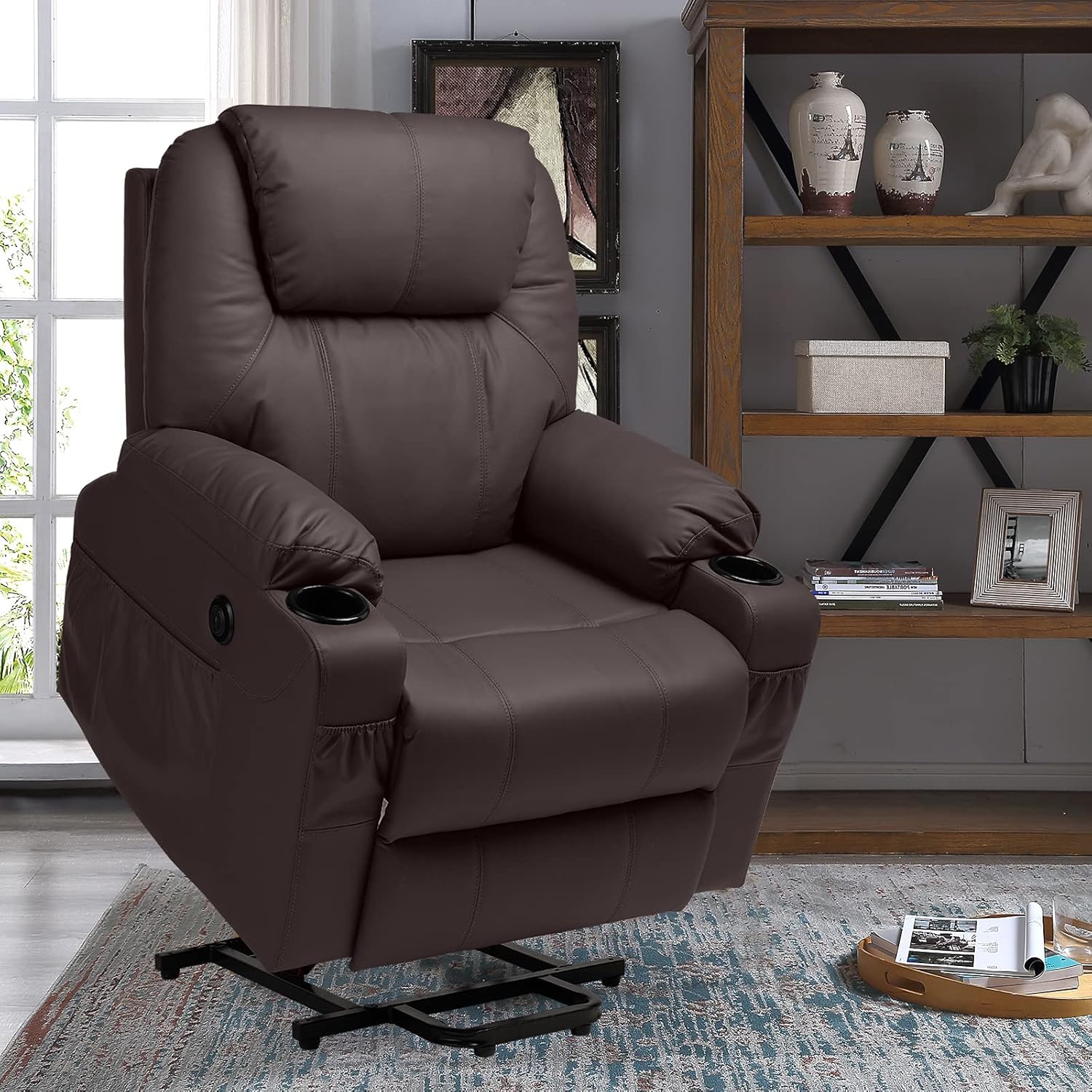 Power Lift Recliner Chair, Recliners for Elderly, Heated Vibration Massage Sofa with USB Ports (Faux Leather,Brown)