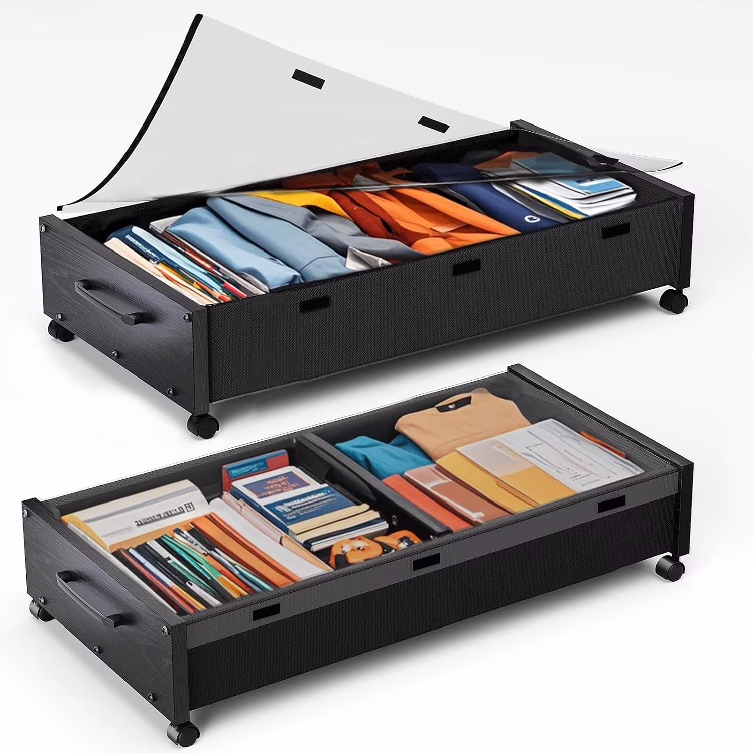 Wooden Under Bed Storage with Wheels, 80L Extra-large Rolling Under the Bed Storage Bins 2 Pack with Removable Lid