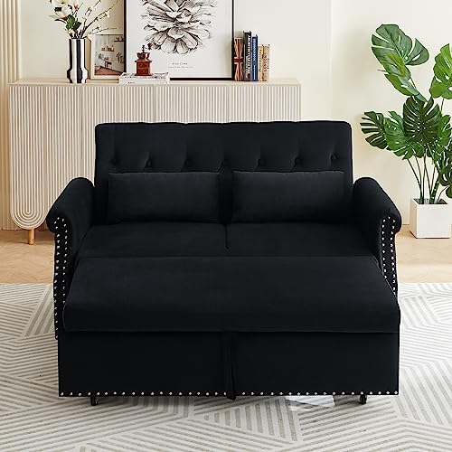 3 in 1 Convertible Sofa Bed with 2 Lumbar Pillows, Velvet Upholstered Sleeper Recliner Sofa Couch with Detachable Armrest