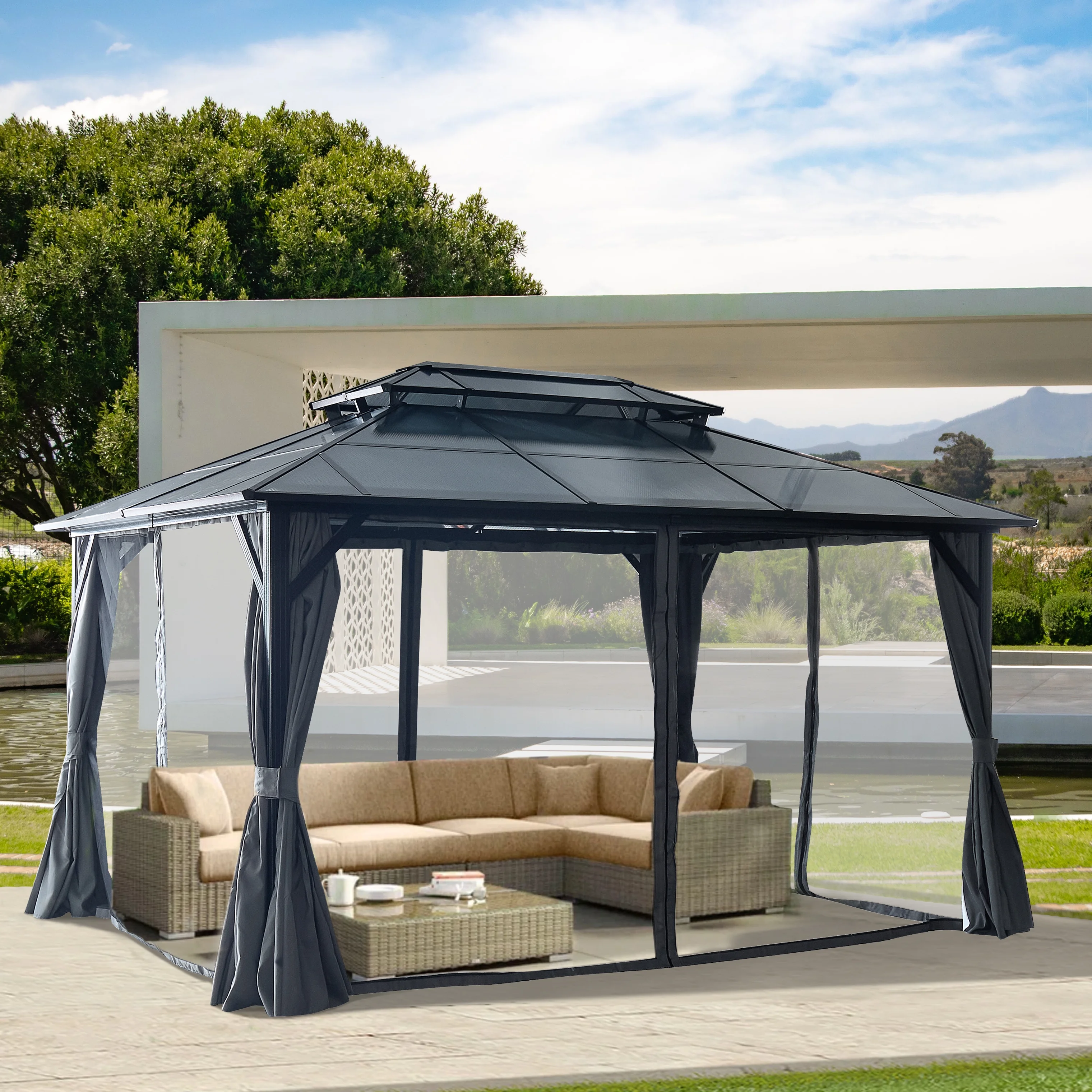 10'x13' Hardtop Gazebo, Outdoor Polycarbonate Double Roof Canopy, Aluminum Frame Permanent Pavilion with Curtains and Netting, Sunshade for Garden
