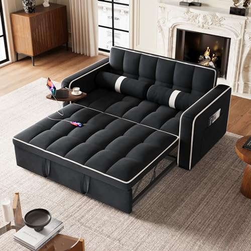3 in 1 Sleeper Sofa Bed - Convertible Love Seat Couch with Side Table, Tufted Futon Sofa w/Pullout Bed, Adjustable Backrest, Cylinder Pillows