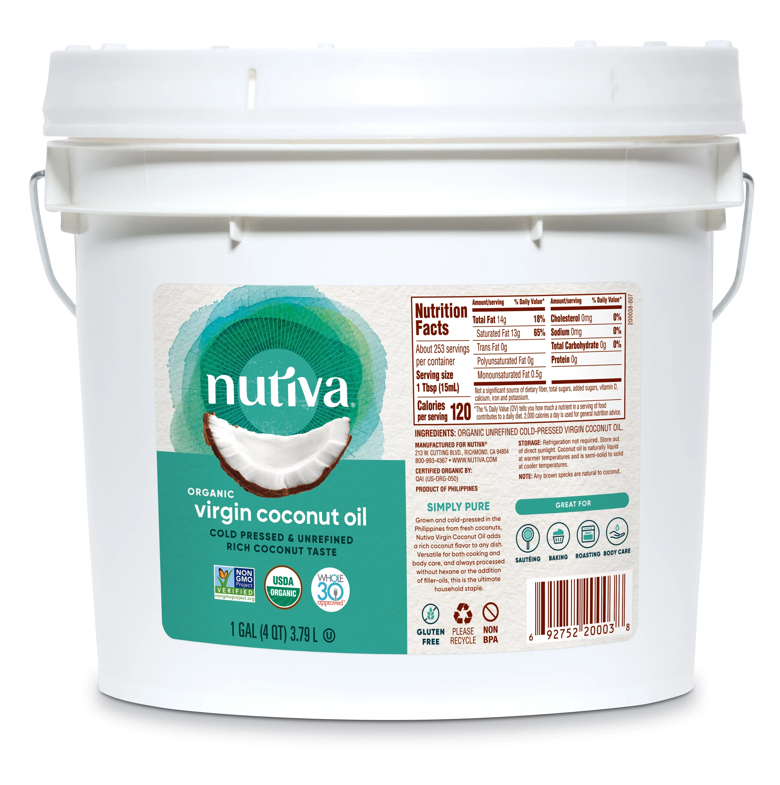 Nutiva Organic, Cold-Pressed, Unrefined, Virgin Coconut Oil from Fresh, non-GMO, Sustainably Farmed Coconuts, 1-gallon - Curated Treasures Market