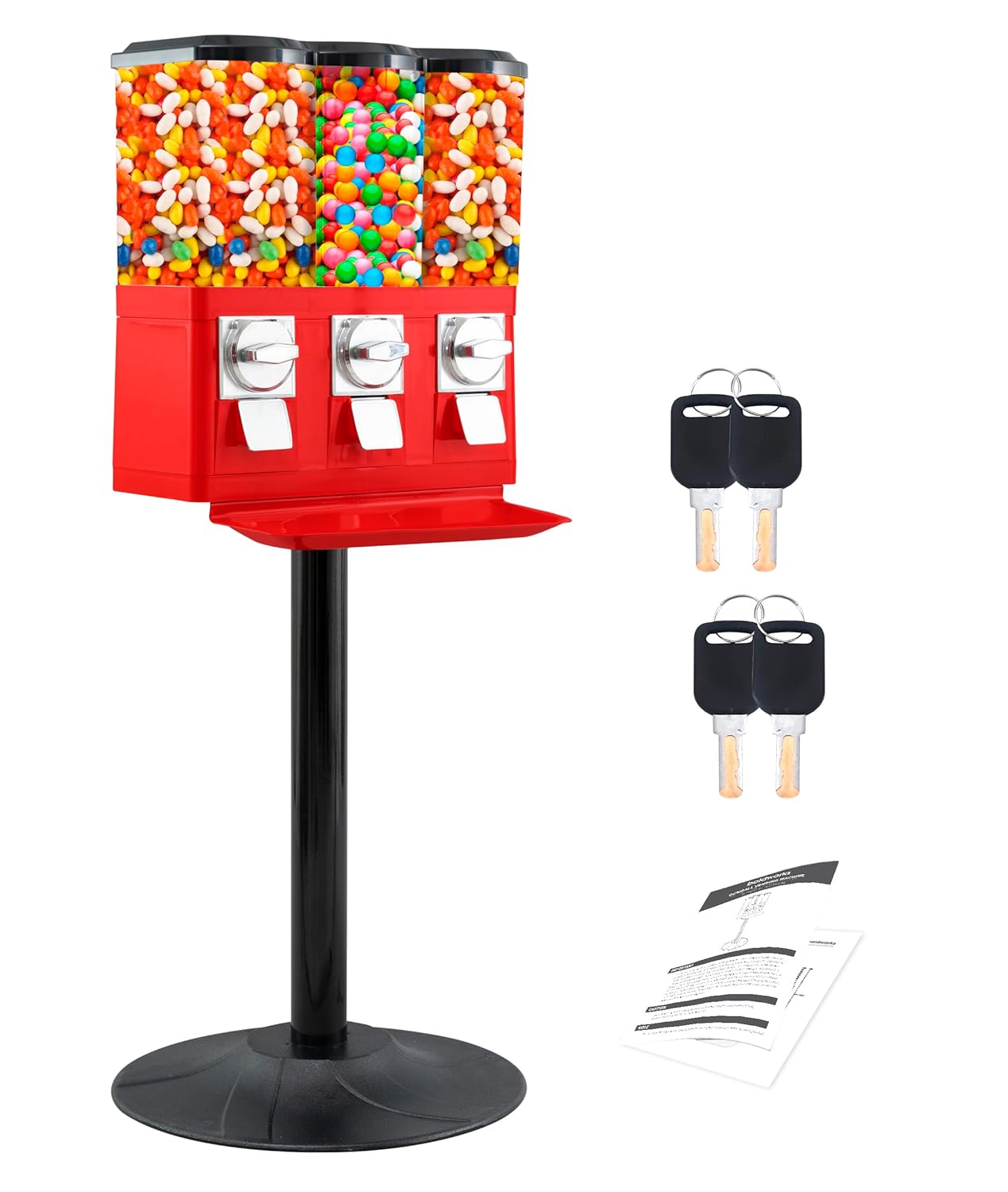 Commercial Candy Vending Machine Triple Candy Machine Dispenser for Gumball Candy with 3 Removable Canisters and Quarter Coin Operated Vending