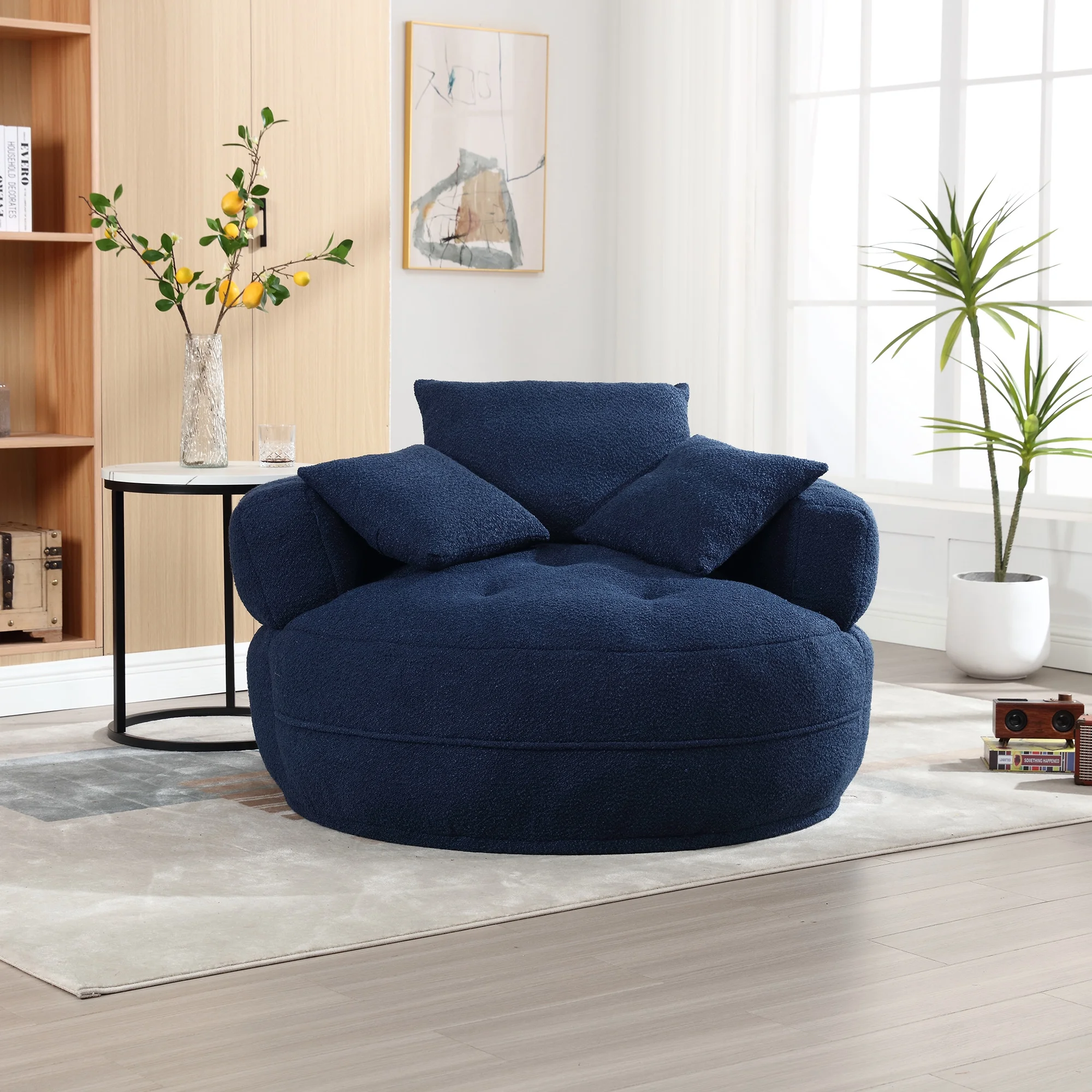 MOONMISS Accent Barrel Chair, Modern Boucle Round Accent Chair with 3 Pillows and Tufted Seat