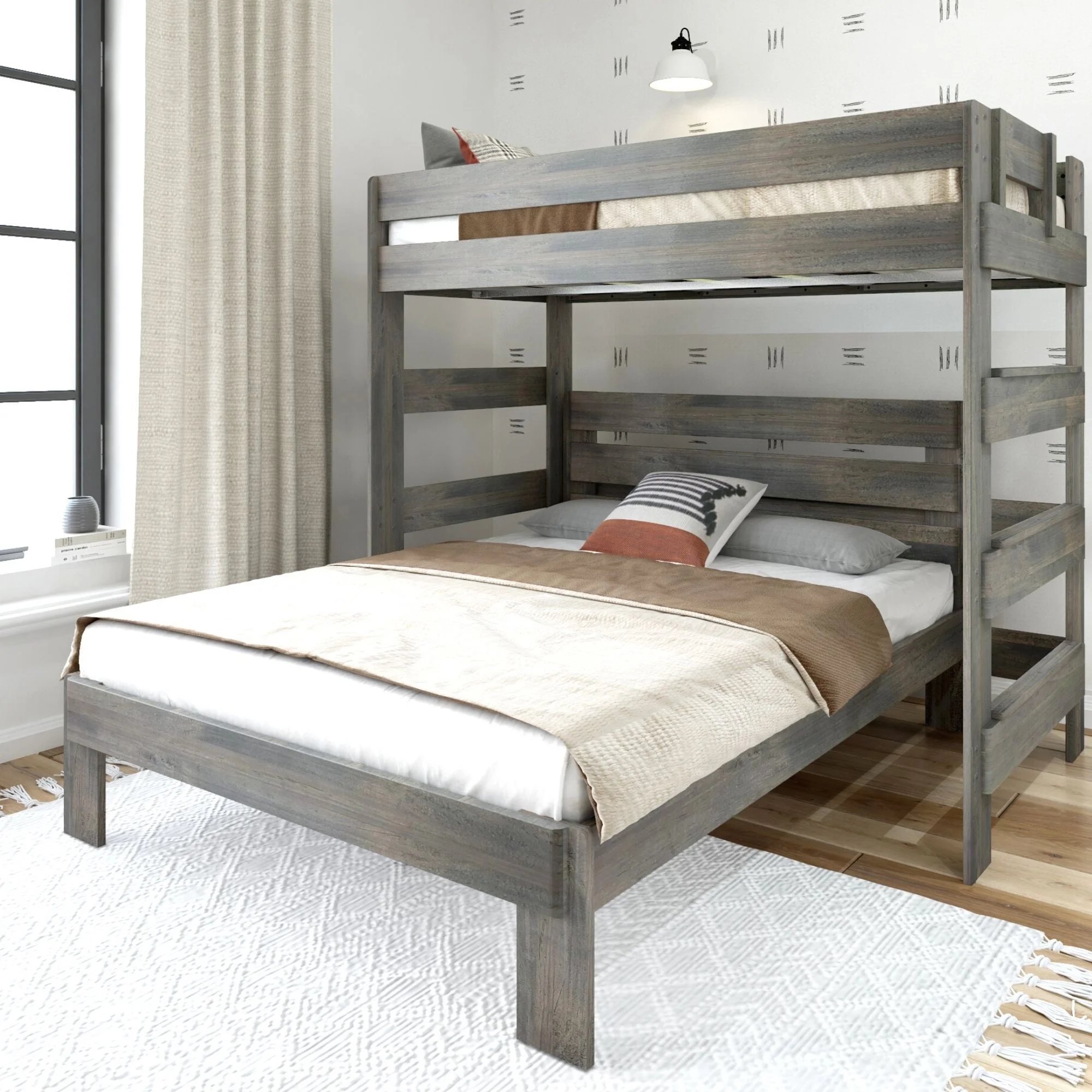 Plank+Beam Solid Wood Twin over Queen L-Shaped Bunk Bed for Adults, Driftwood