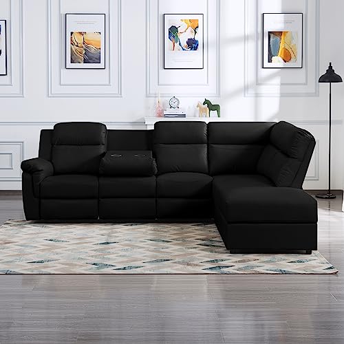 Sectional, L-Shaped Sofa,Oversized Modern PU Leather Manual Reclining Home Theater Seating with Console Storage and Cup Holders
